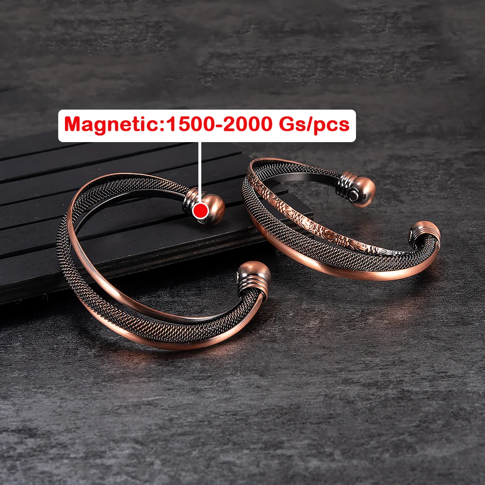 Vinterly Pure Copper Bracelets Magnetic Adjustable Open Cuff Vintage Flowers High Magnet Bangles Health Energy Jewelry Resizable
