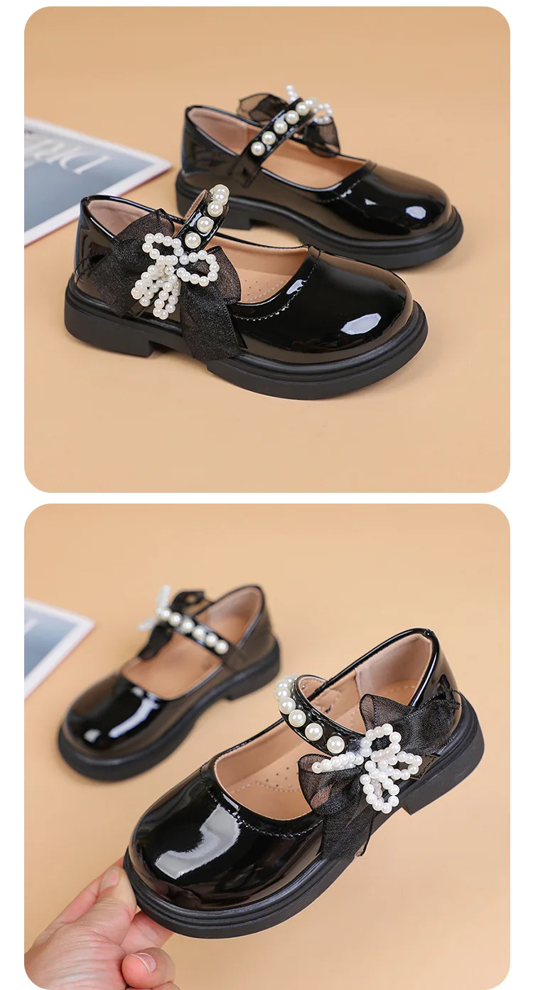 Kids'Casual Shoes Girls PU Leather Spring Fashion Bow Pearl Sport Outdoor Designer Anti-slip Black White Size 26-36