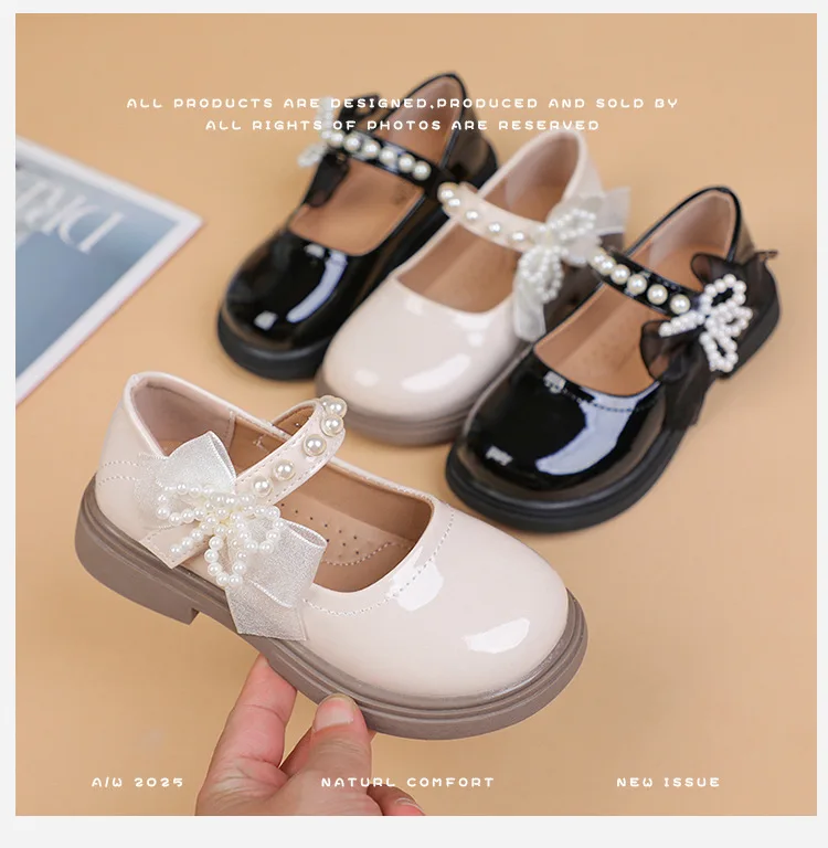 Kids'Casual Shoes Girls PU Leather Spring Fashion Bow Pearl Sport Outdoor Designer Anti-slip Black White Size 26-36