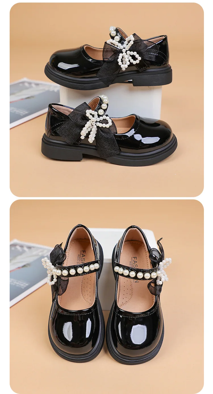 Kids'Casual Shoes Girls PU Leather Spring Fashion Bow Pearl Sport Outdoor Designer Anti-slip Black White Size 26-36