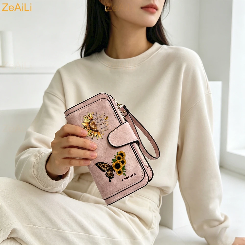 Sunflower Butterfly Pastoral Wind Women Leather Wallets For Woman Long Zipper Large Ladies Clutch Bag Female Purse Card Holder