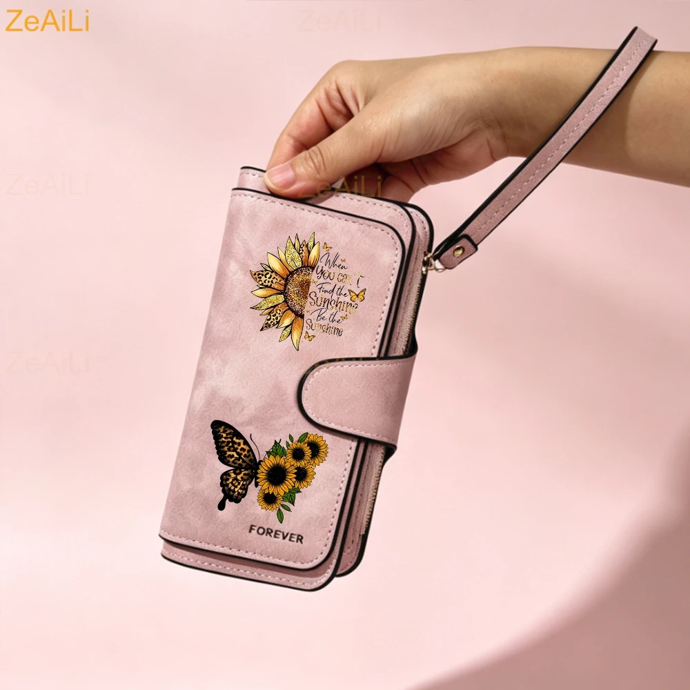 Sunflower Butterfly Pastoral Wind Women Leather Wallets For Woman Long Zipper Large Ladies Clutch Bag Female Purse Card Holder