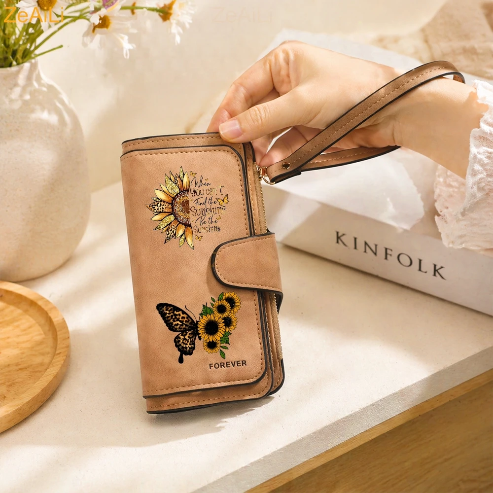 Sunflower Butterfly Pastoral Wind Women Leather Wallets For Woman Long Zipper Large Ladies Clutch Bag Female Purse Card Holder
