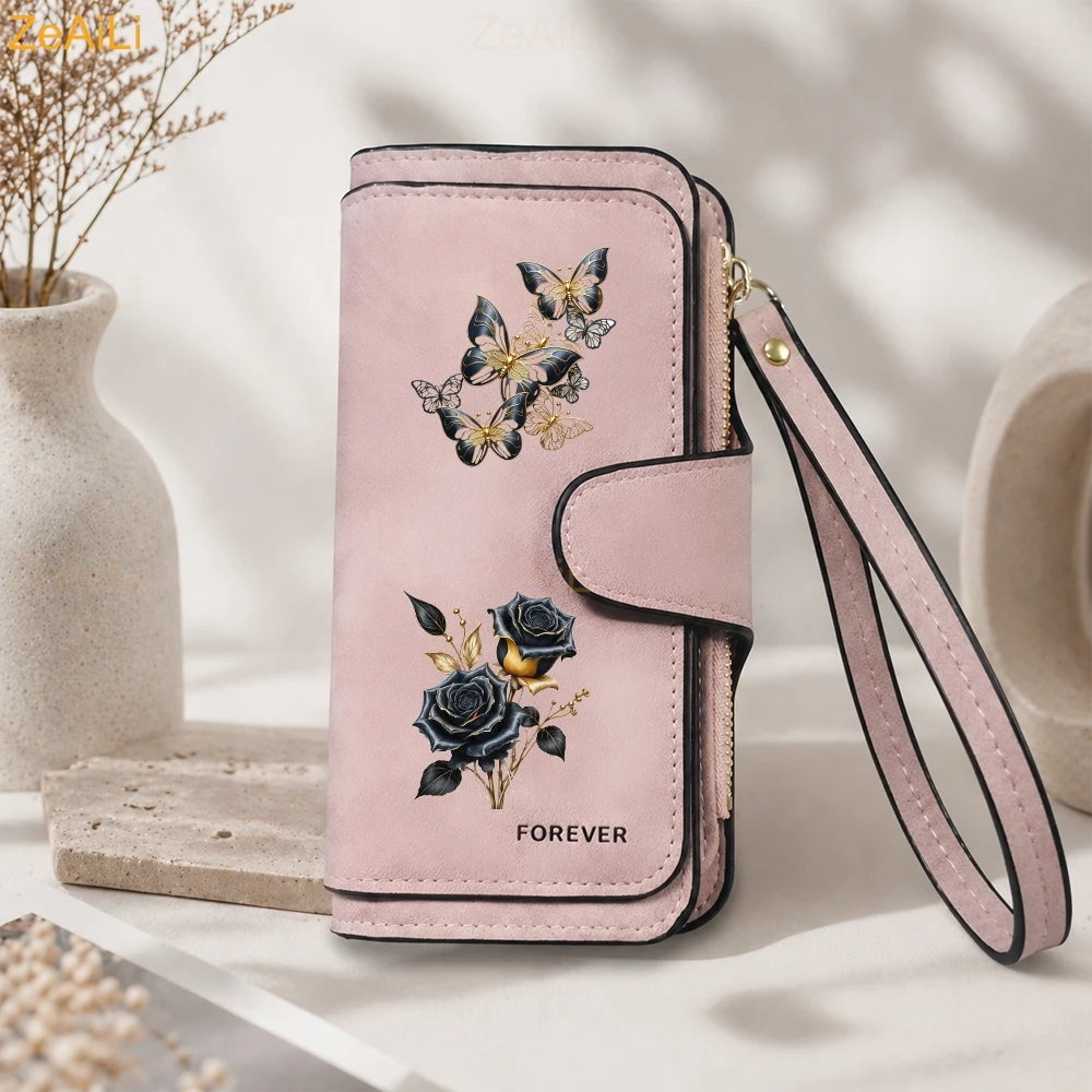 Sunflower Butterfly Pastoral Wind Women Leather Wallets For Woman Long Zipper Large Ladies Clutch Bag Female Purse Card Holder
