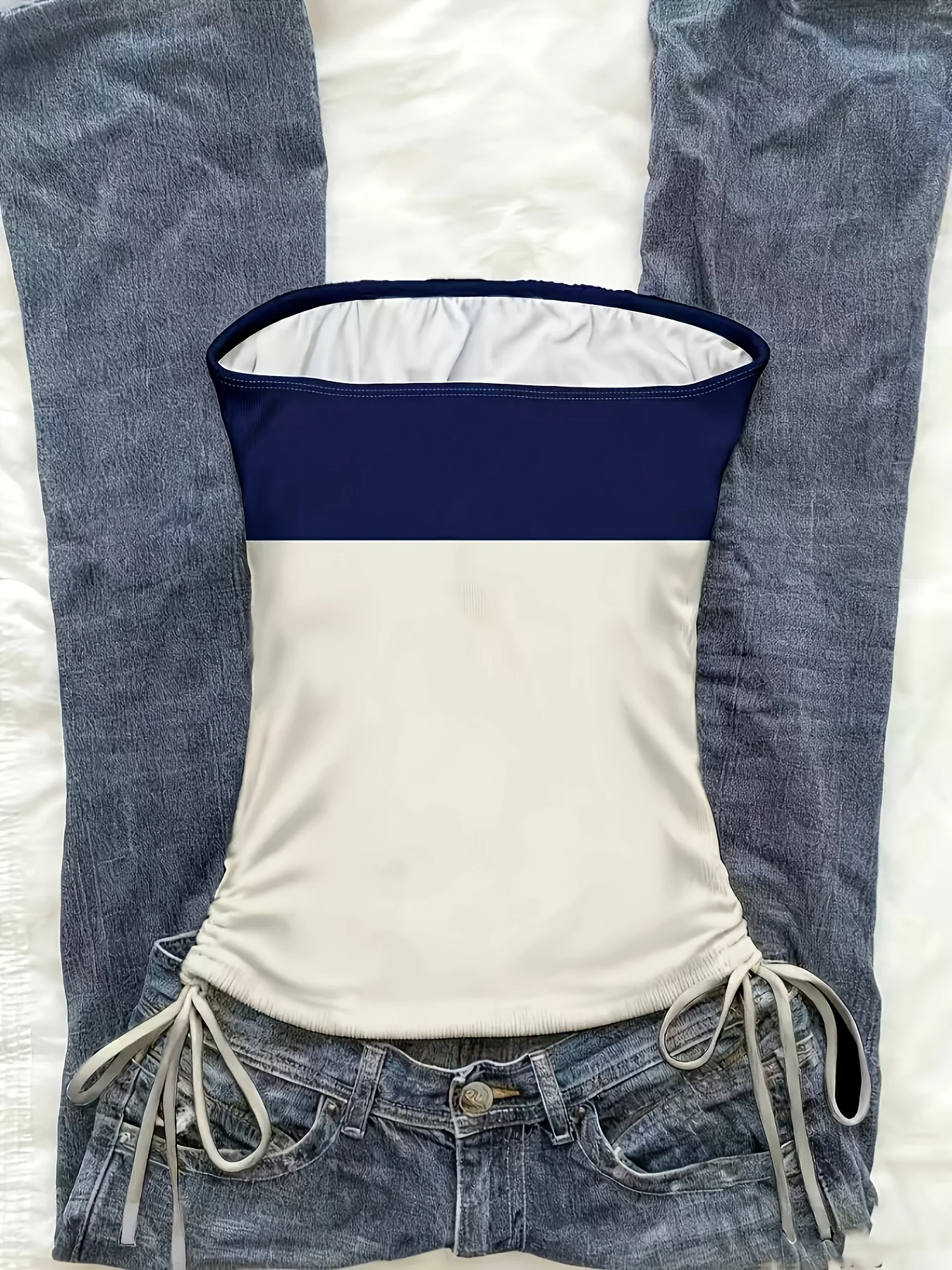 Streetwear Colorblock Strapless Drawstring Slim Going Out Cami