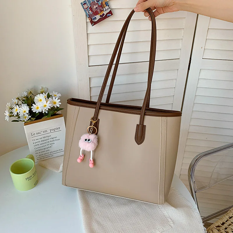 Casual Brown Faux Leather Large Capacity Tote Bag with Adorable Plush Keychain, Stylish Roomy Shoulder Purse for Everyday Use