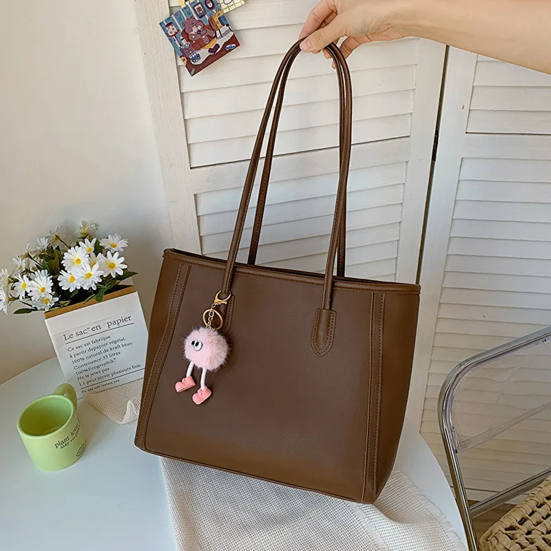 Casual Brown Faux Leather Large Capacity Tote Bag with Adorable Plush Keychain, Stylish Roomy Shoulder Purse for Everyday Use