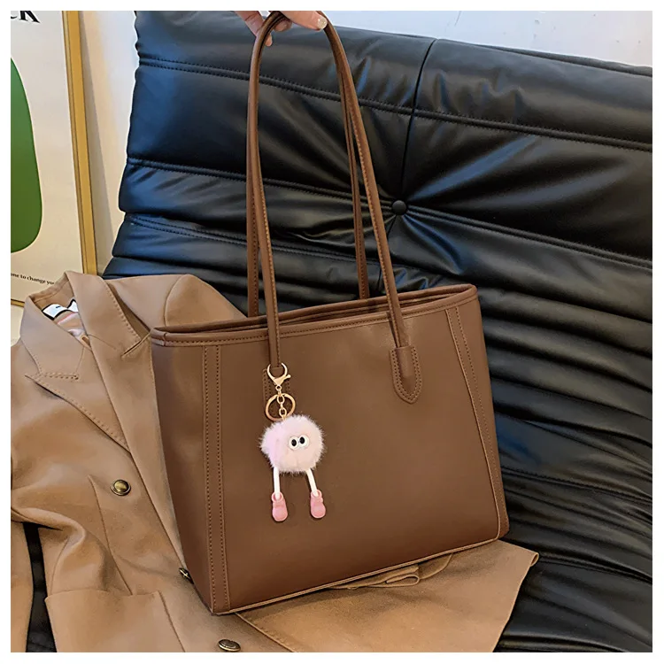 Casual Brown Faux Leather Large Capacity Tote Bag with Adorable Plush Keychain, Stylish Roomy Shoulder Purse for Everyday Use