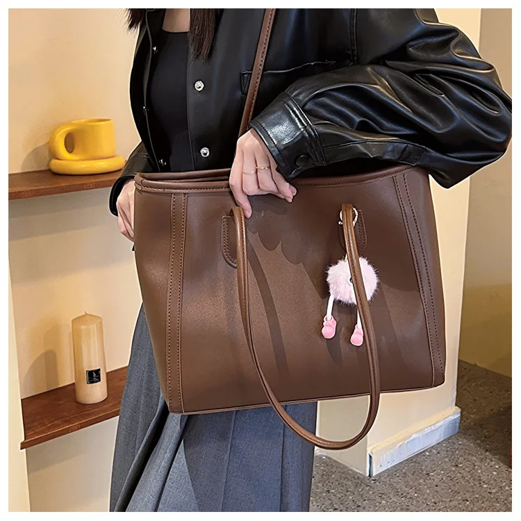 Casual Brown Faux Leather Large Capacity Tote Bag with Adorable Plush Keychain, Stylish Roomy Shoulder Purse for Everyday Use