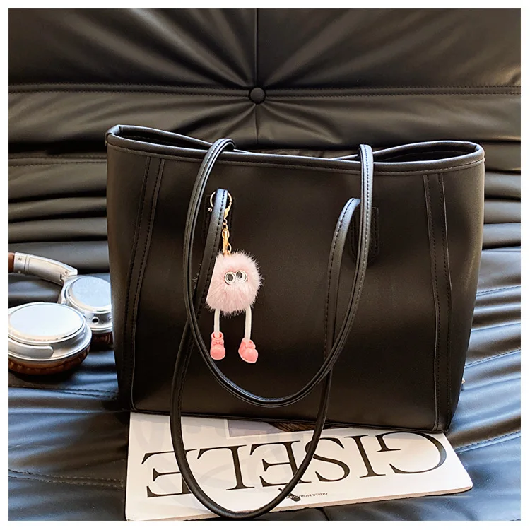 Casual Brown Faux Leather Large Capacity Tote Bag with Adorable Plush Keychain, Stylish Roomy Shoulder Purse for Everyday Use