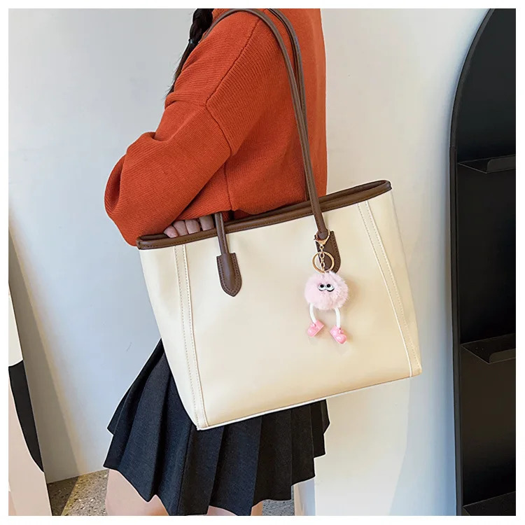 Casual Brown Faux Leather Large Capacity Tote Bag with Adorable Plush Keychain, Stylish Roomy Shoulder Purse for Everyday Use
