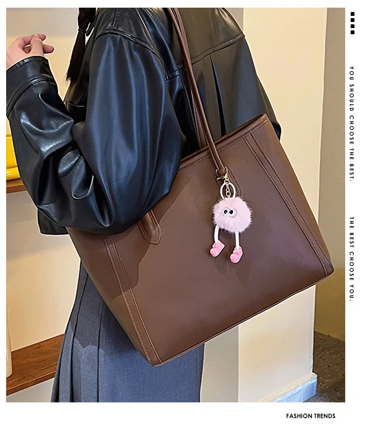 Casual Brown Faux Leather Large Capacity Tote Bag with Adorable Plush Keychain, Stylish Roomy Shoulder Purse for Everyday Use