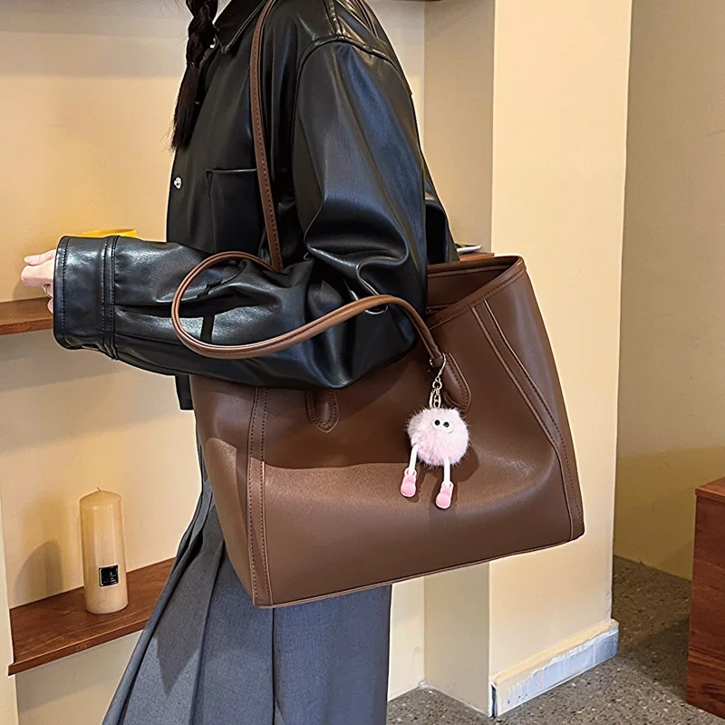 Casual Brown Faux Leather Large Capacity Tote Bag with Adorable Plush Keychain, Stylish Roomy Shoulder Purse for Everyday Use