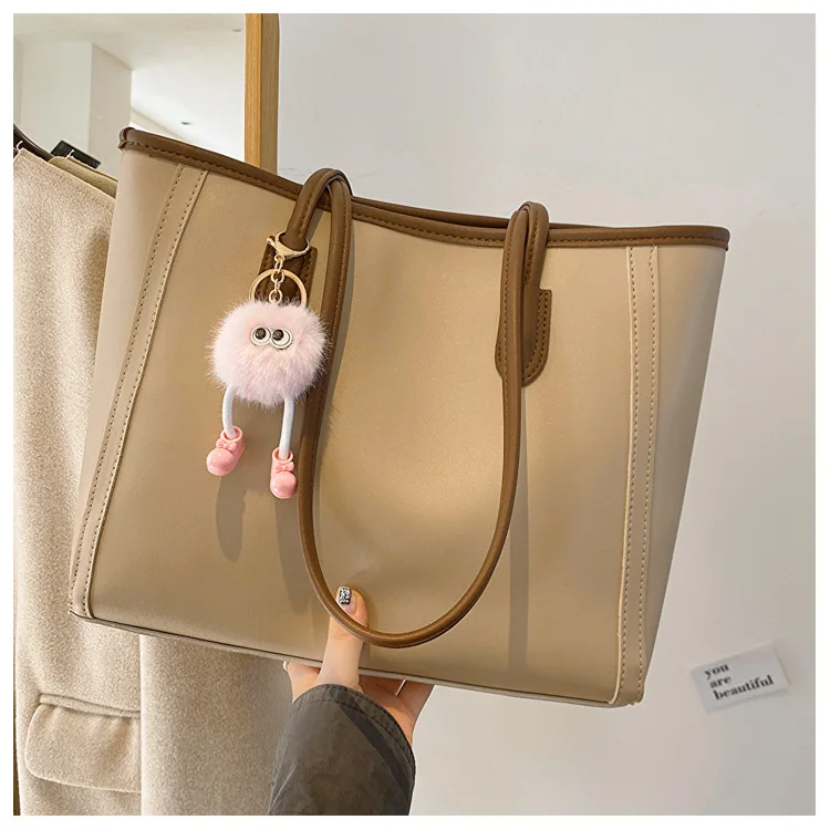 Casual Brown Faux Leather Large Capacity Tote Bag with Adorable Plush Keychain, Stylish Roomy Shoulder Purse for Everyday Use