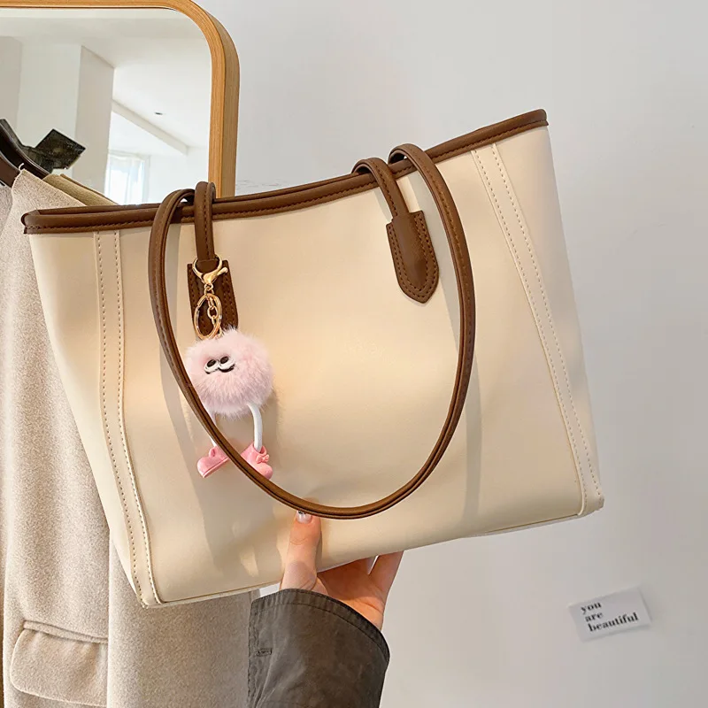 Casual Brown Faux Leather Large Capacity Tote Bag with Adorable Plush Keychain, Stylish Roomy Shoulder Purse for Everyday Use