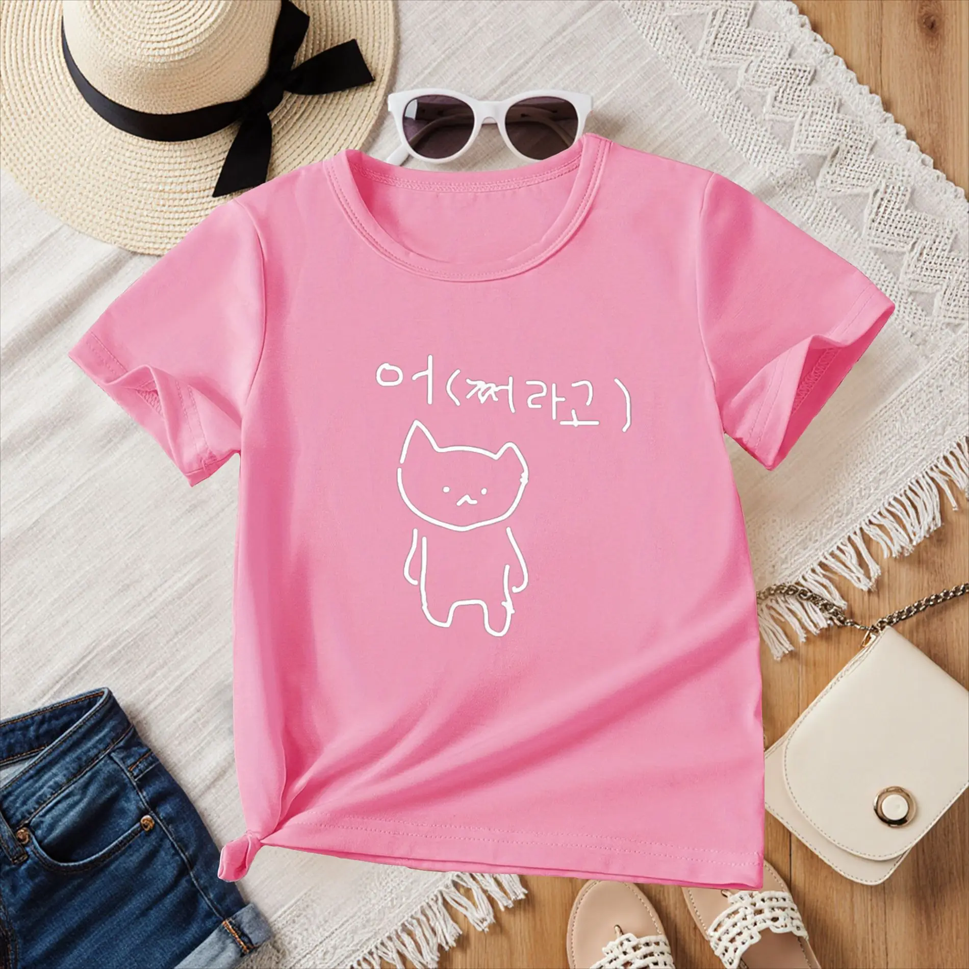 Korean Annoyed Cat Go Away Short-sleeved Printed T-shirt Top Cute Line Art Cat Meme Graphic Casual Streetwear for Women Y2k Tops