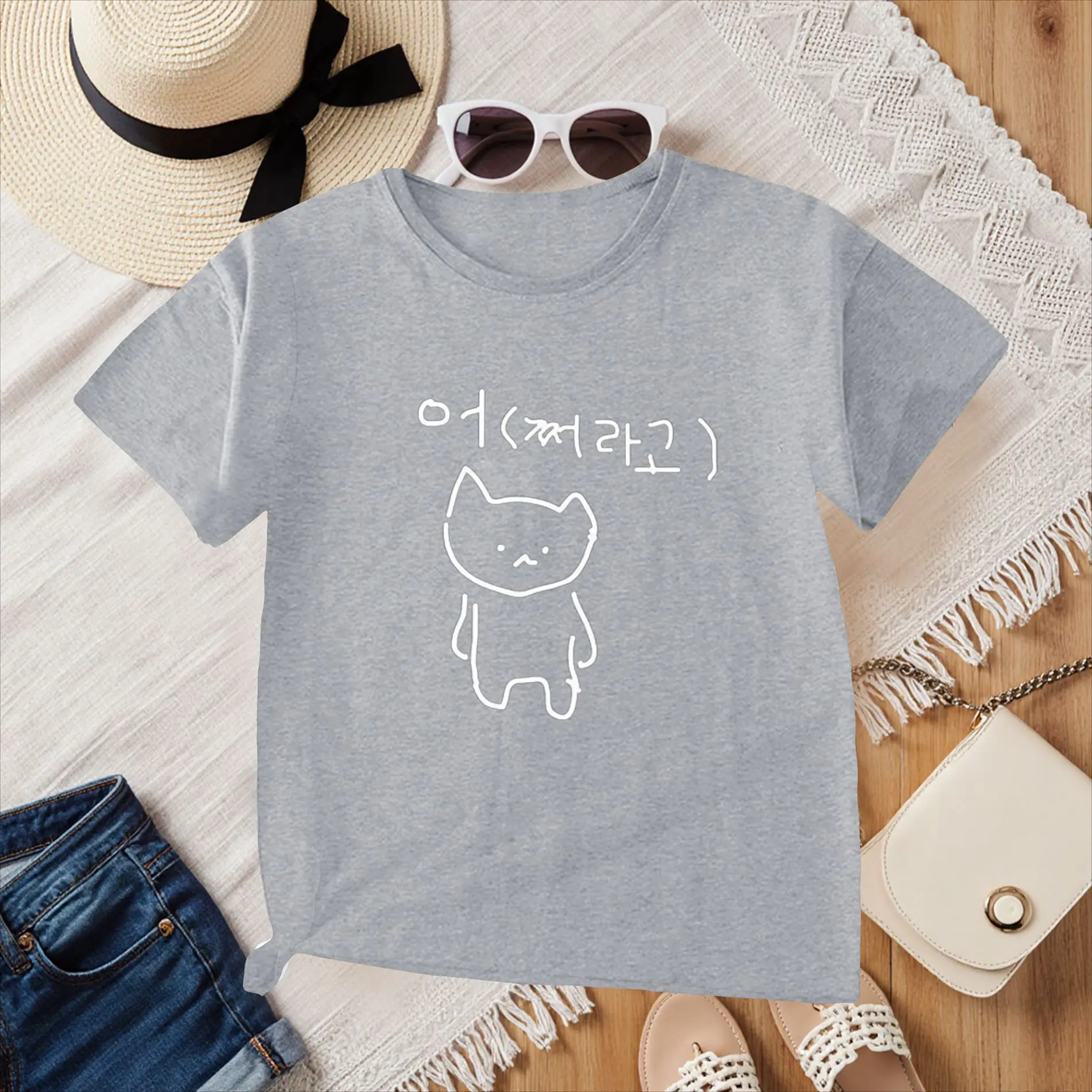 Korean Annoyed Cat Go Away Short-sleeved Printed T-shirt Top Cute Line Art Cat Meme Graphic Casual Streetwear for Women Y2k Tops