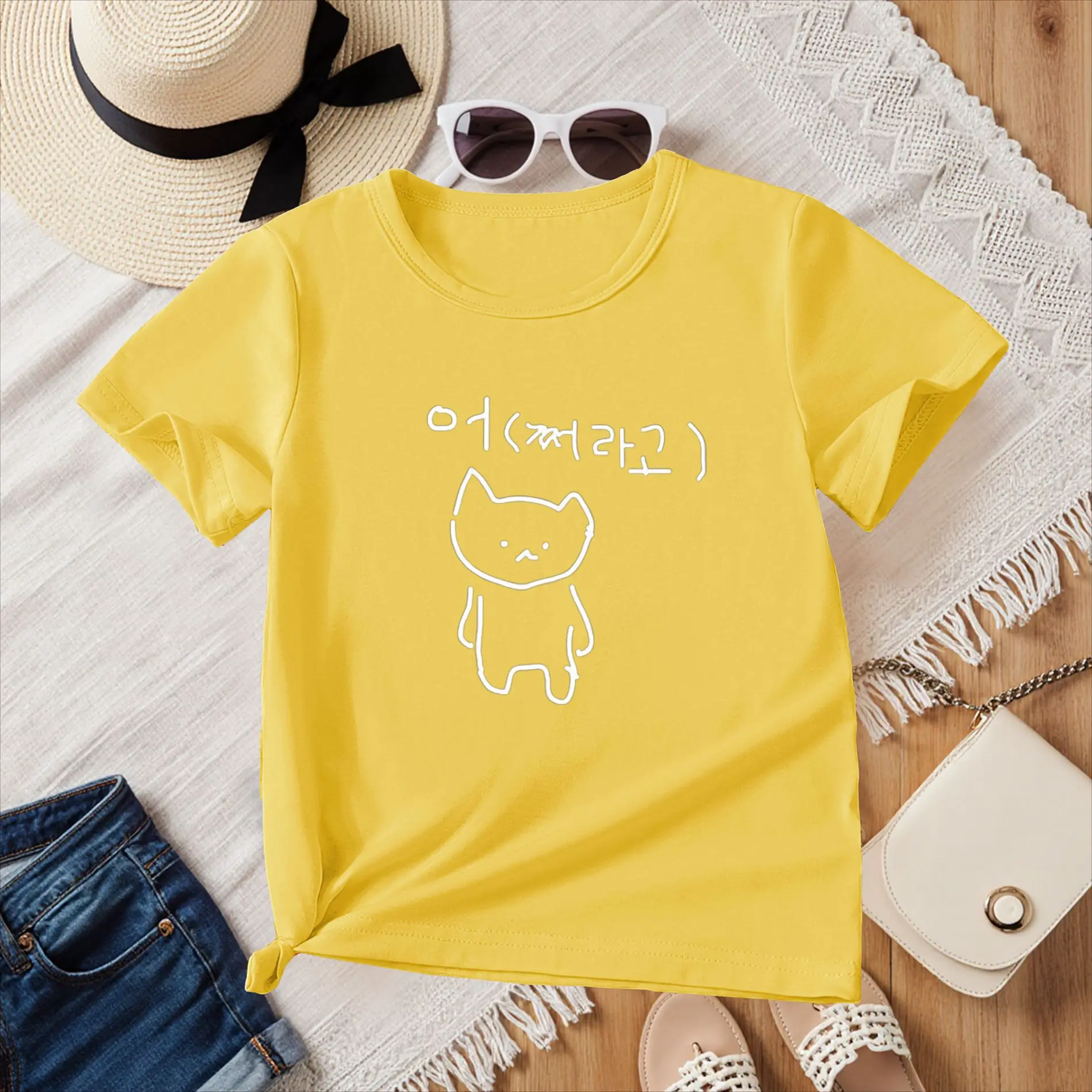 Korean Annoyed Cat Go Away Short-sleeved Printed T-shirt Top Cute Line Art Cat Meme Graphic Casual Streetwear for Women Y2k Tops