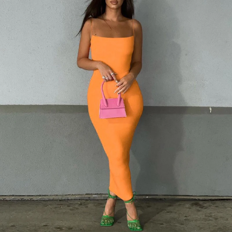 Summer New Strap Dresses Solid Sexy Women Streetwear Sheath Sleeveless Bodycon Dress Casual Elegant Party Ankle-Length Dresses