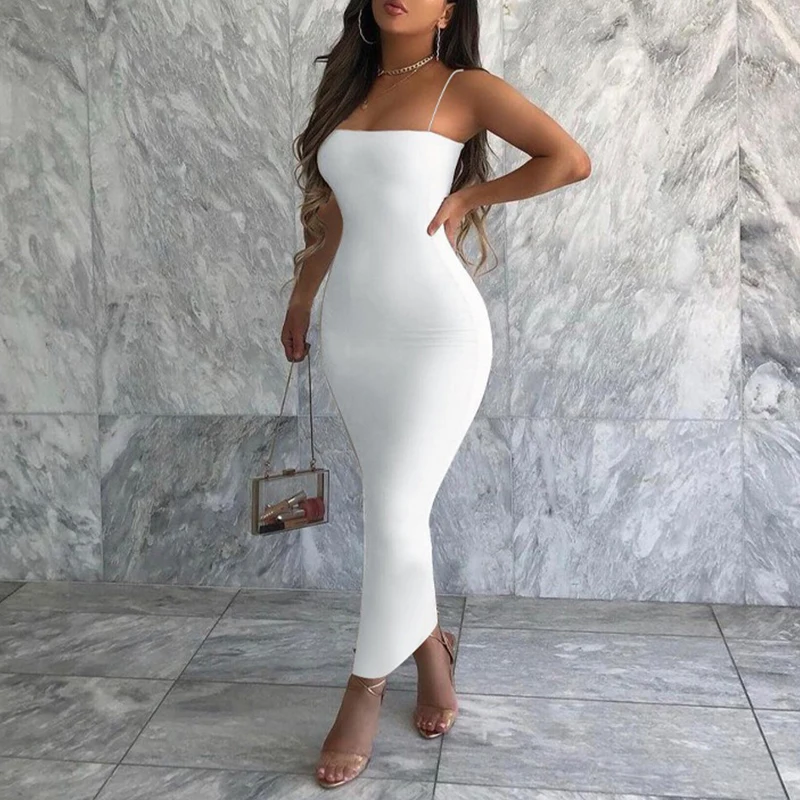 Summer New Strap Dresses Solid Sexy Women Streetwear Sheath Sleeveless Bodycon Dress Casual Elegant Party Ankle-Length Dresses