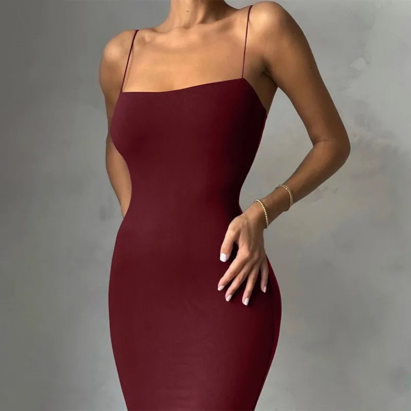 Summer New Strap Dresses Solid Sexy Women Streetwear Sheath Sleeveless Bodycon Dress Casual Elegant Party Ankle-Length Dresses