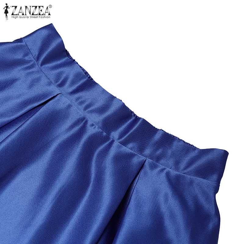 ZANZEA Plus Size Women Satin Midi Party Skirts Elastic Back High Waist Inverted Pleats A-Line Skirt Elegant Cocktail Faldas 5XL