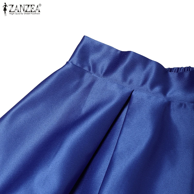 ZANZEA Plus Size Women Satin Midi Party Skirts Elastic Back High Waist Inverted Pleats A-Line Skirt Elegant Cocktail Faldas 5XL
