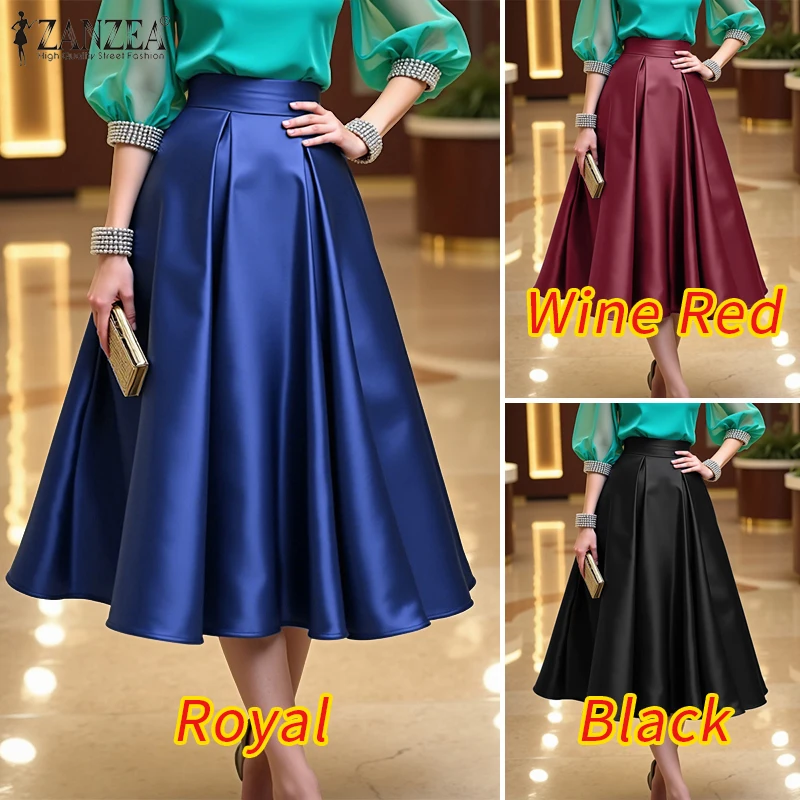 ZANZEA Plus Size Women Satin Midi Party Skirts Elastic Back High Waist Inverted Pleats A-Line Skirt Elegant Cocktail Faldas 5XL