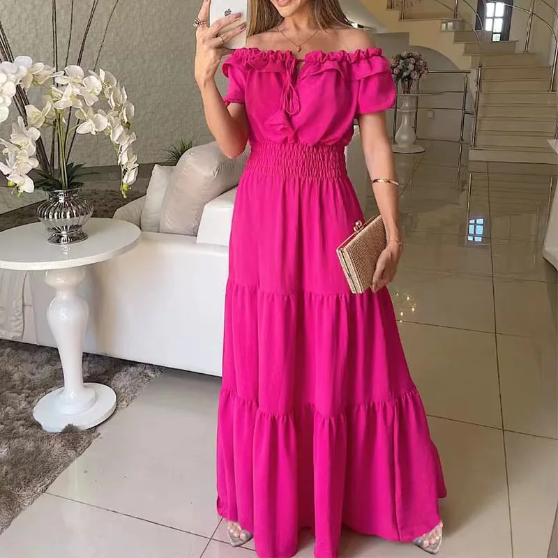 2026 Elegant Women's Off Shoulder Ruffle Sleeve Dress Fashion Solid Color Elastic Waist Tiered Maxi Dresses