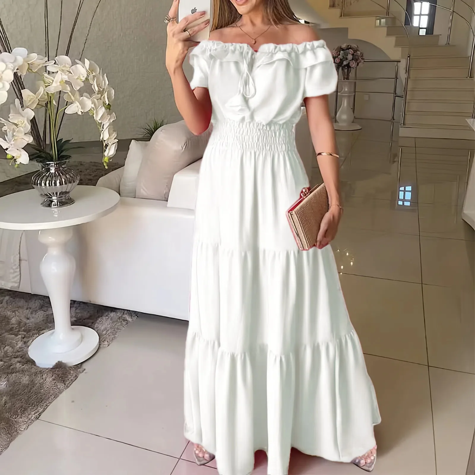 2026 Elegant Women's Off Shoulder Ruffle Sleeve Dress Fashion Solid Color Elastic Waist Tiered Maxi Dresses