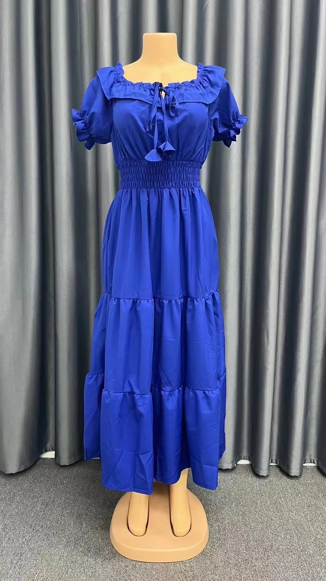 2026 Elegant Women's Off Shoulder Ruffle Sleeve Dress Fashion Solid Color Elastic Waist Tiered Maxi Dresses