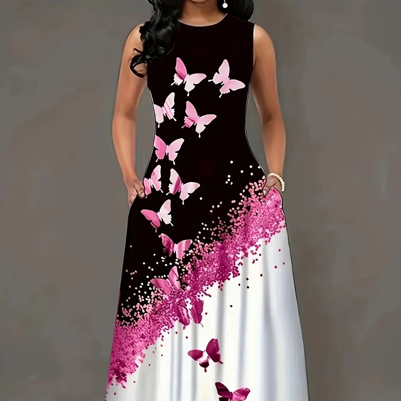 Summer new gradient butterfly print sleeveless dress, loose and slimming with pockets, elegant long skirt