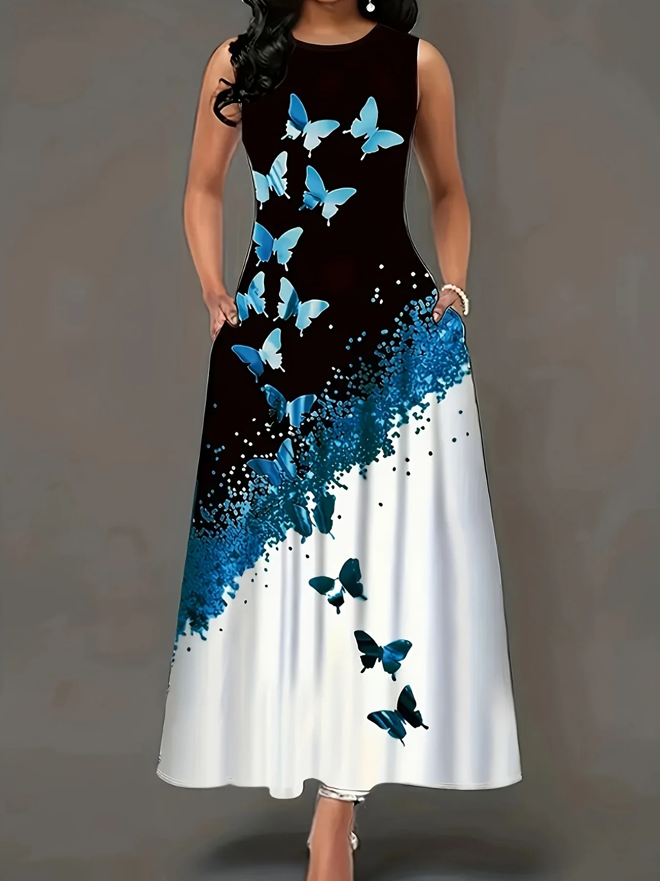 Summer new gradient butterfly print sleeveless dress, loose and slimming with pockets, elegant long skirt
