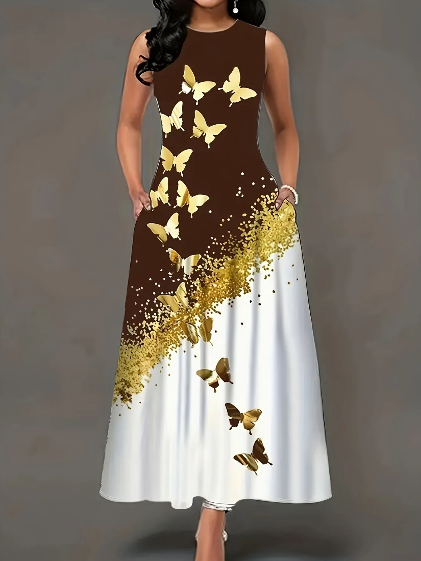 Summer new gradient butterfly print sleeveless dress, loose and slimming with pockets, elegant long skirt