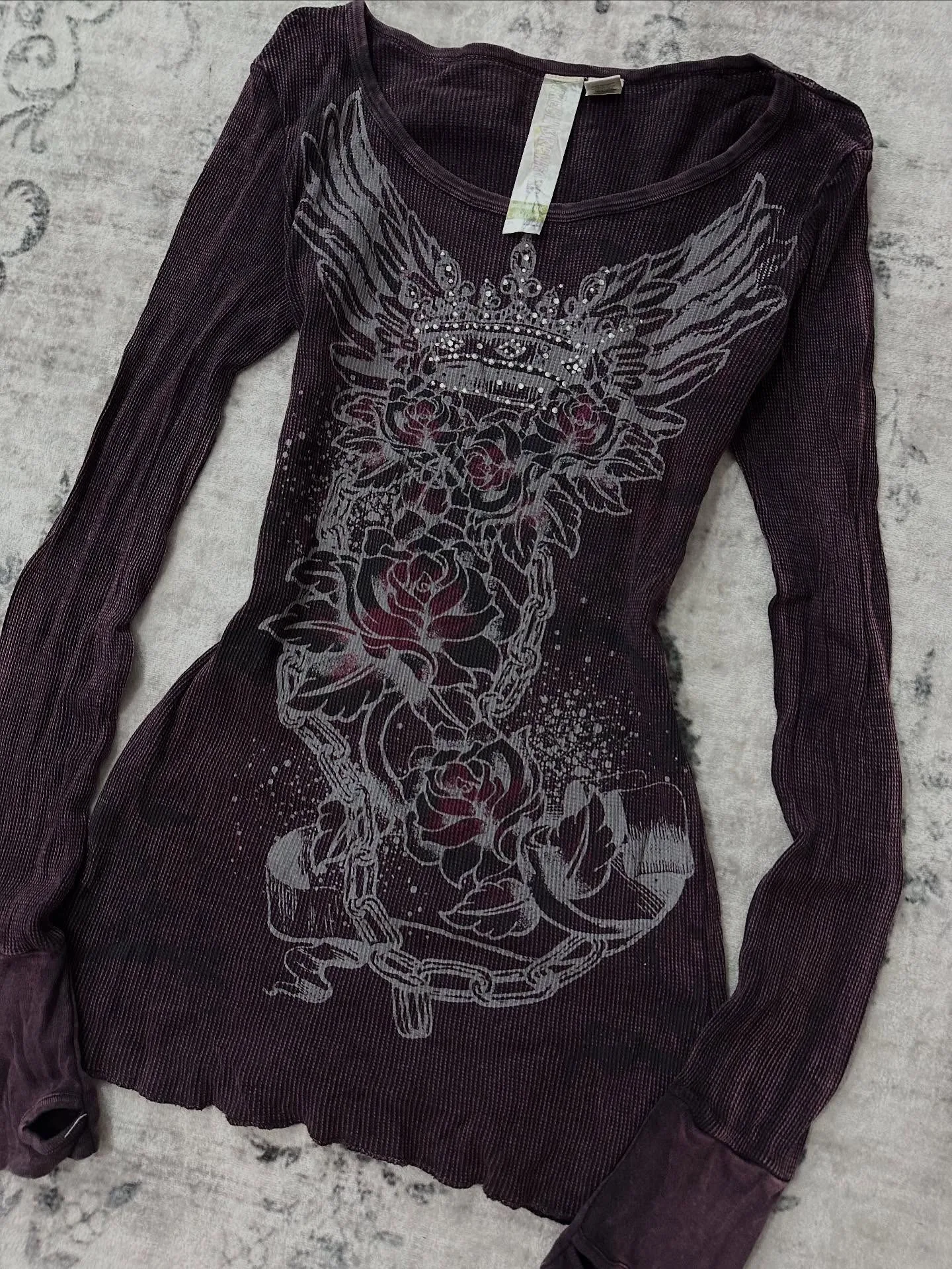 2026 Autumn Subculture Gothic Style Retro Spicy Girl Hot Stamping Print Trend Long Sleeved Top