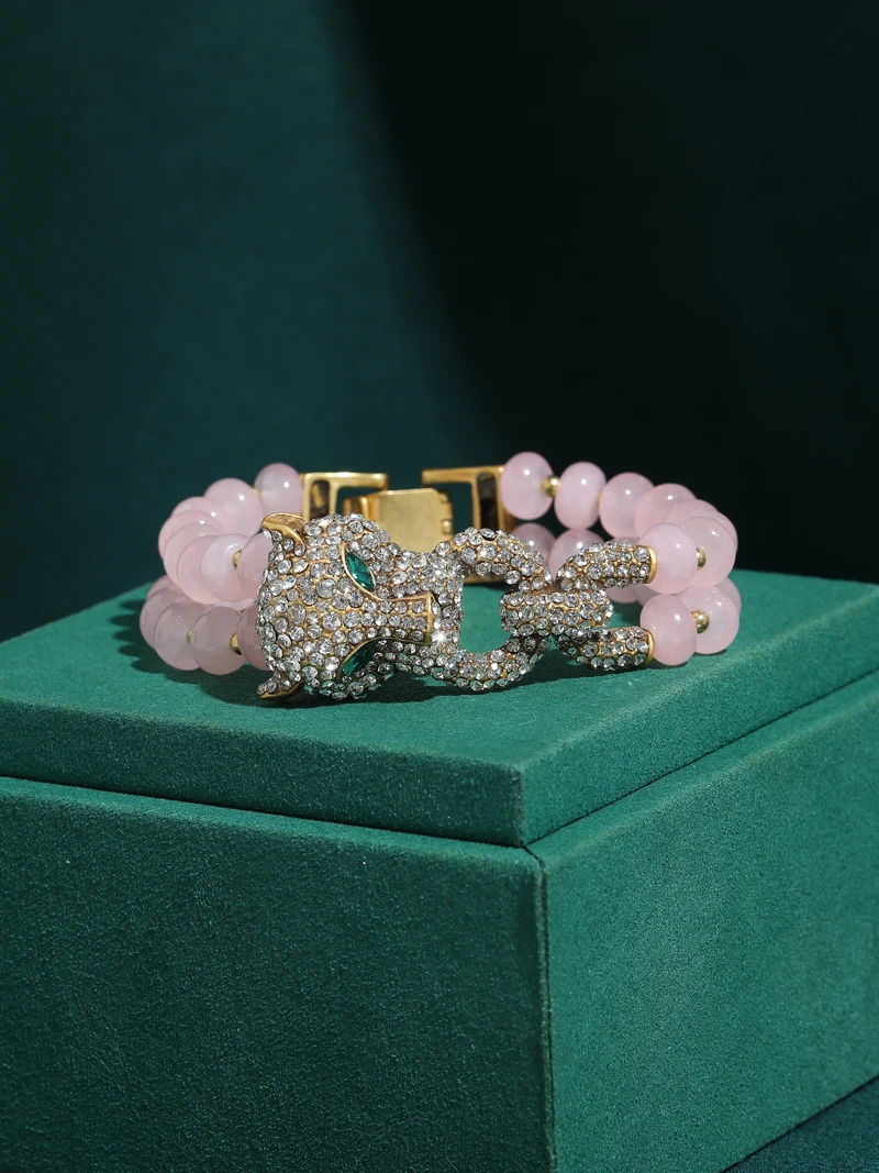 Vintage Rose Quartz Pink Bracelet Luxury Beaded Chain Leopard Head For Woman Rhinestone Jewelry Designers Valentine Day Gift New