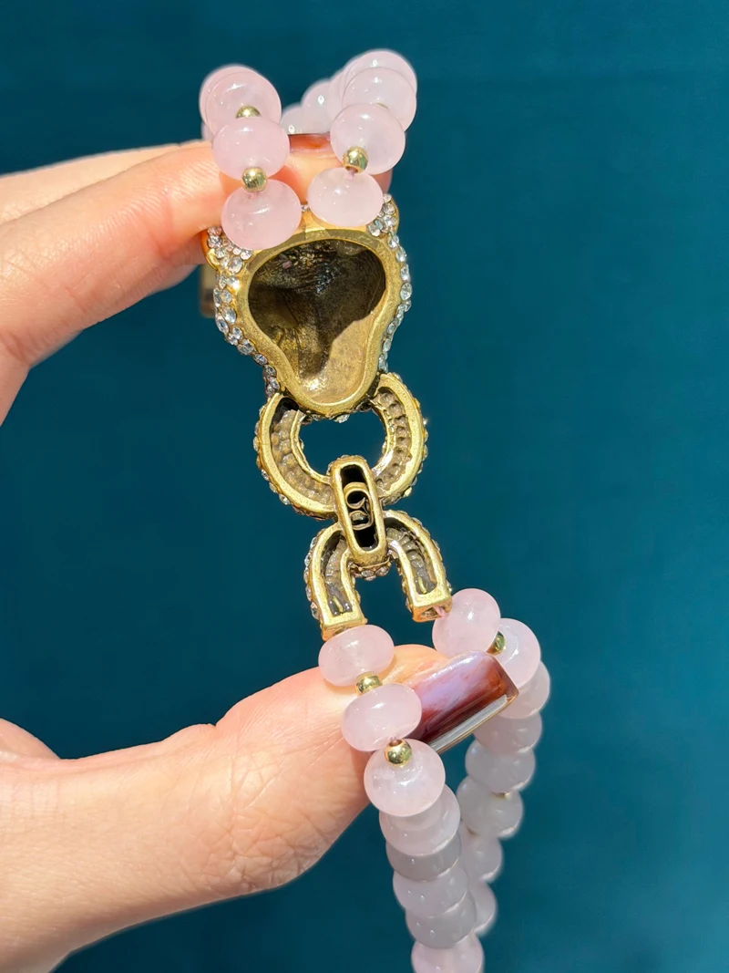 Vintage Rose Quartz Pink Bracelet Luxury Beaded Chain Leopard Head For Woman Rhinestone Jewelry Designers Valentine Day Gift New