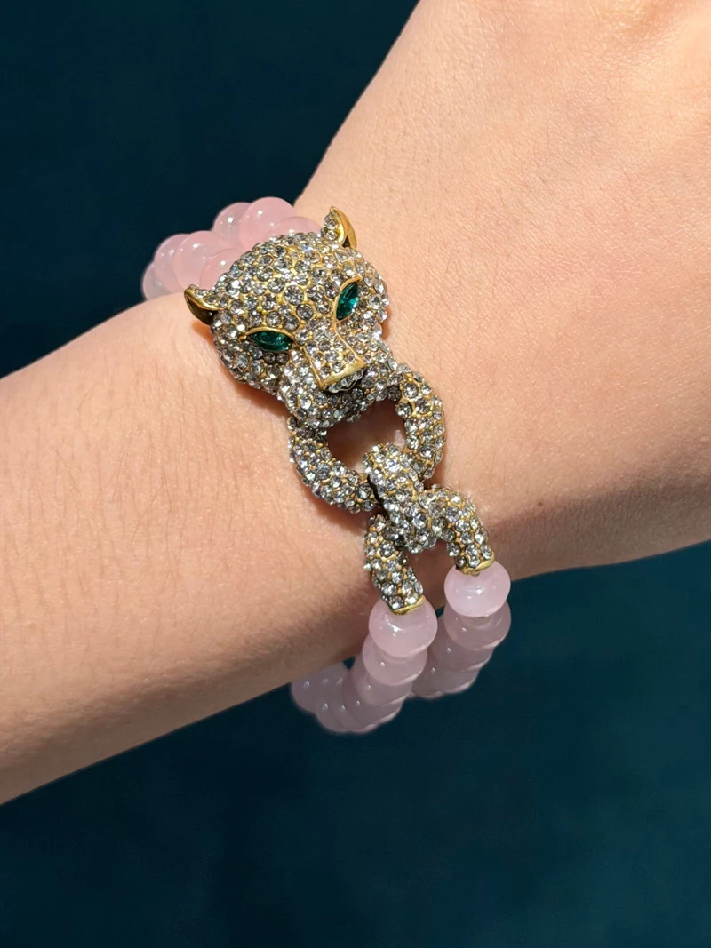 Vintage Rose Quartz Pink Bracelet Luxury Beaded Chain Leopard Head For Woman Rhinestone Jewelry Designers Valentine Day Gift New