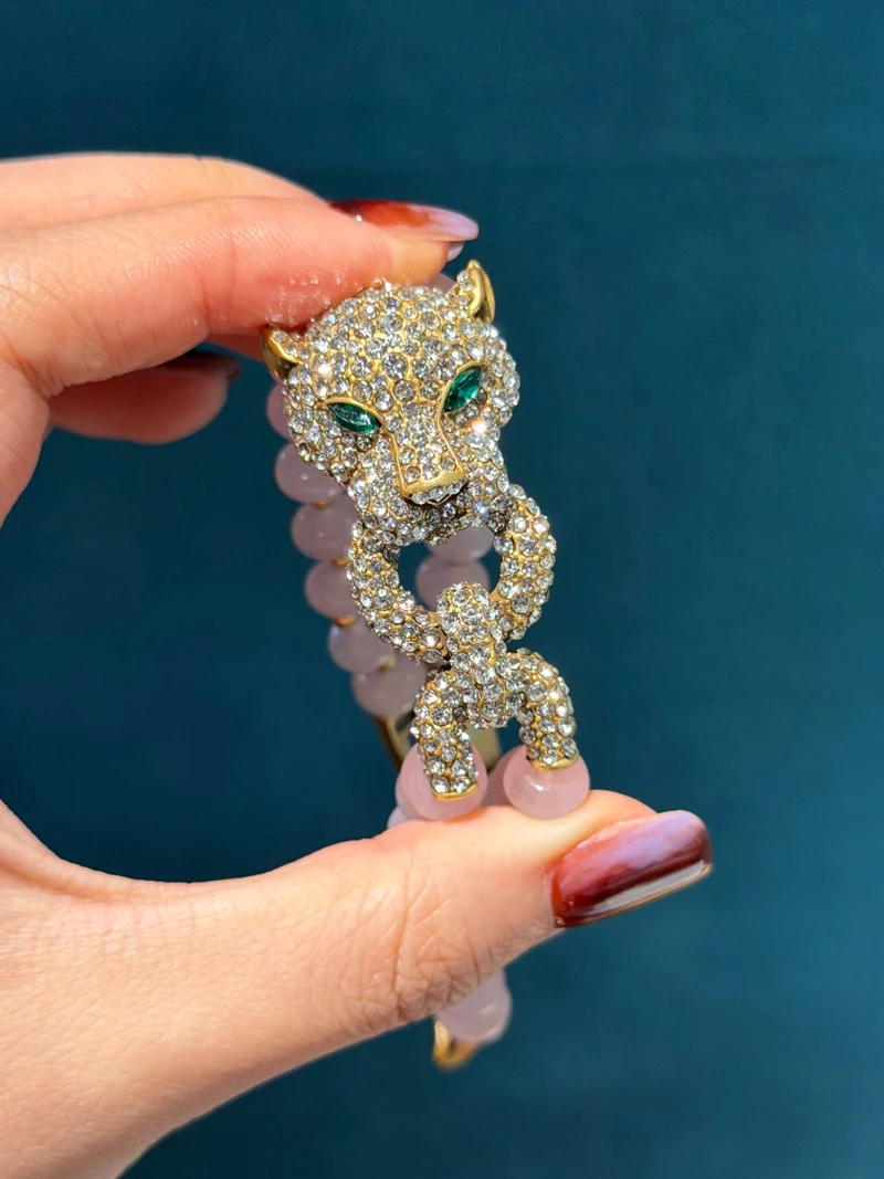 Vintage Rose Quartz Pink Bracelet Luxury Beaded Chain Leopard Head For Woman Rhinestone Jewelry Designers Valentine Day Gift New