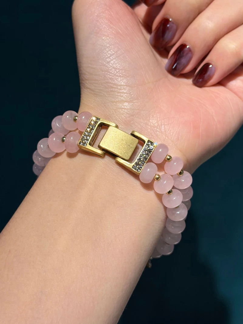 Vintage Rose Quartz Pink Bracelet Luxury Beaded Chain Leopard Head For Woman Rhinestone Jewelry Designers Valentine Day Gift New