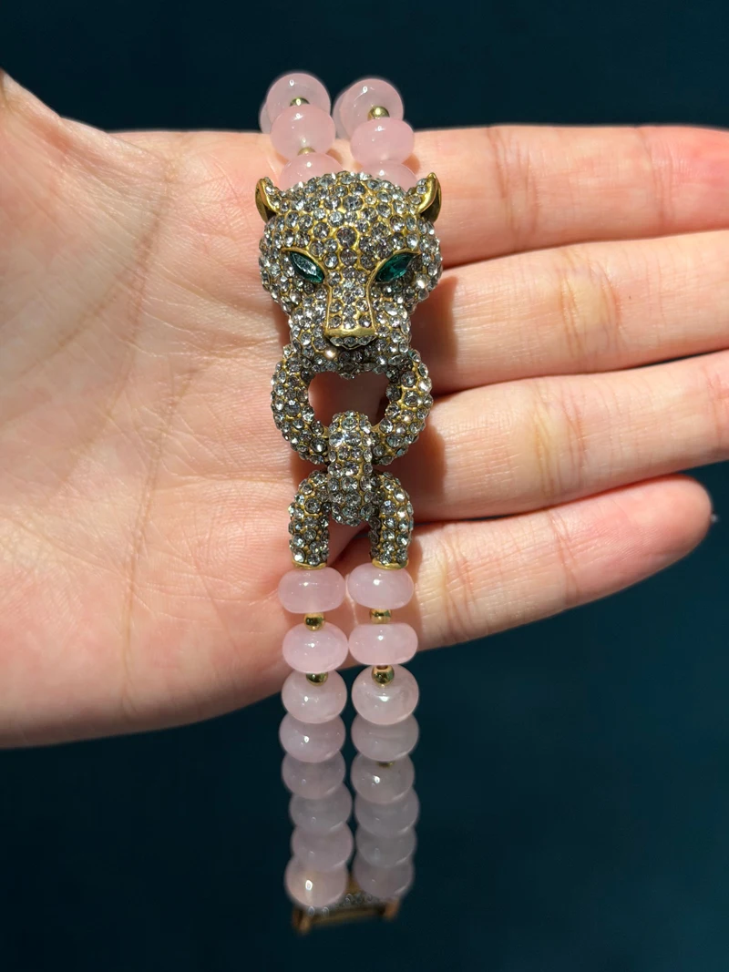 Vintage Rose Quartz Pink Bracelet Luxury Beaded Chain Leopard Head For Woman Rhinestone Jewelry Designers Valentine Day Gift New