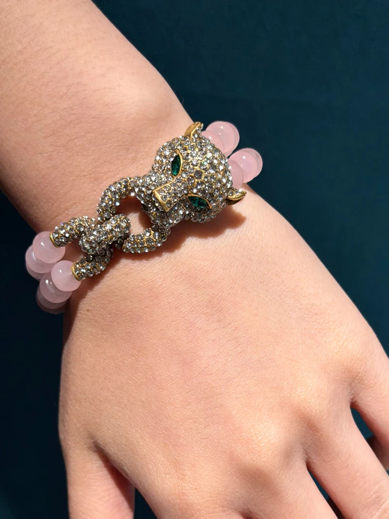 Vintage Rose Quartz Pink Bracelet Luxury Beaded Chain Leopard Head For Woman Rhinestone Jewelry Designers Valentine Day Gift New