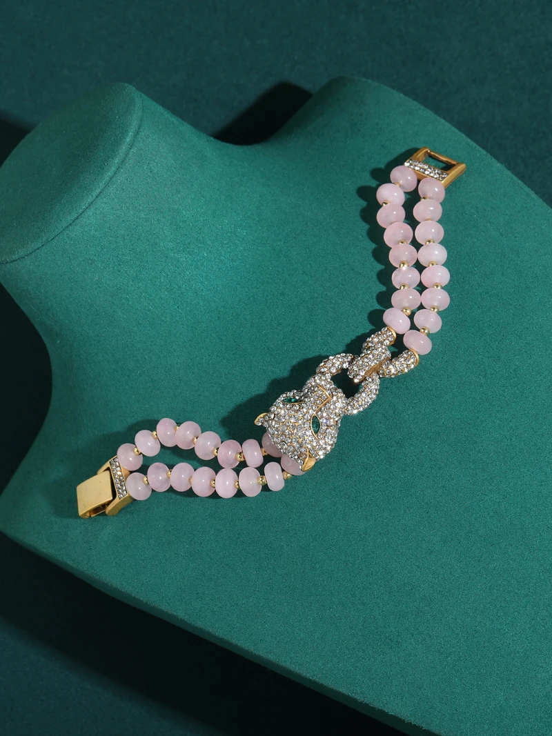 Vintage Rose Quartz Pink Bracelet Luxury Beaded Chain Leopard Head For Woman Rhinestone Jewelry Designers Valentine Day Gift New