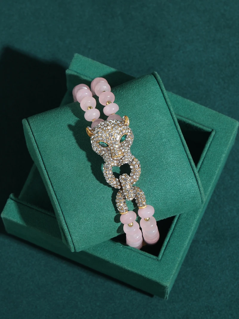 Vintage Rose Quartz Pink Bracelet Luxury Beaded Chain Leopard Head For Woman Rhinestone Jewelry Designers Valentine Day Gift New
