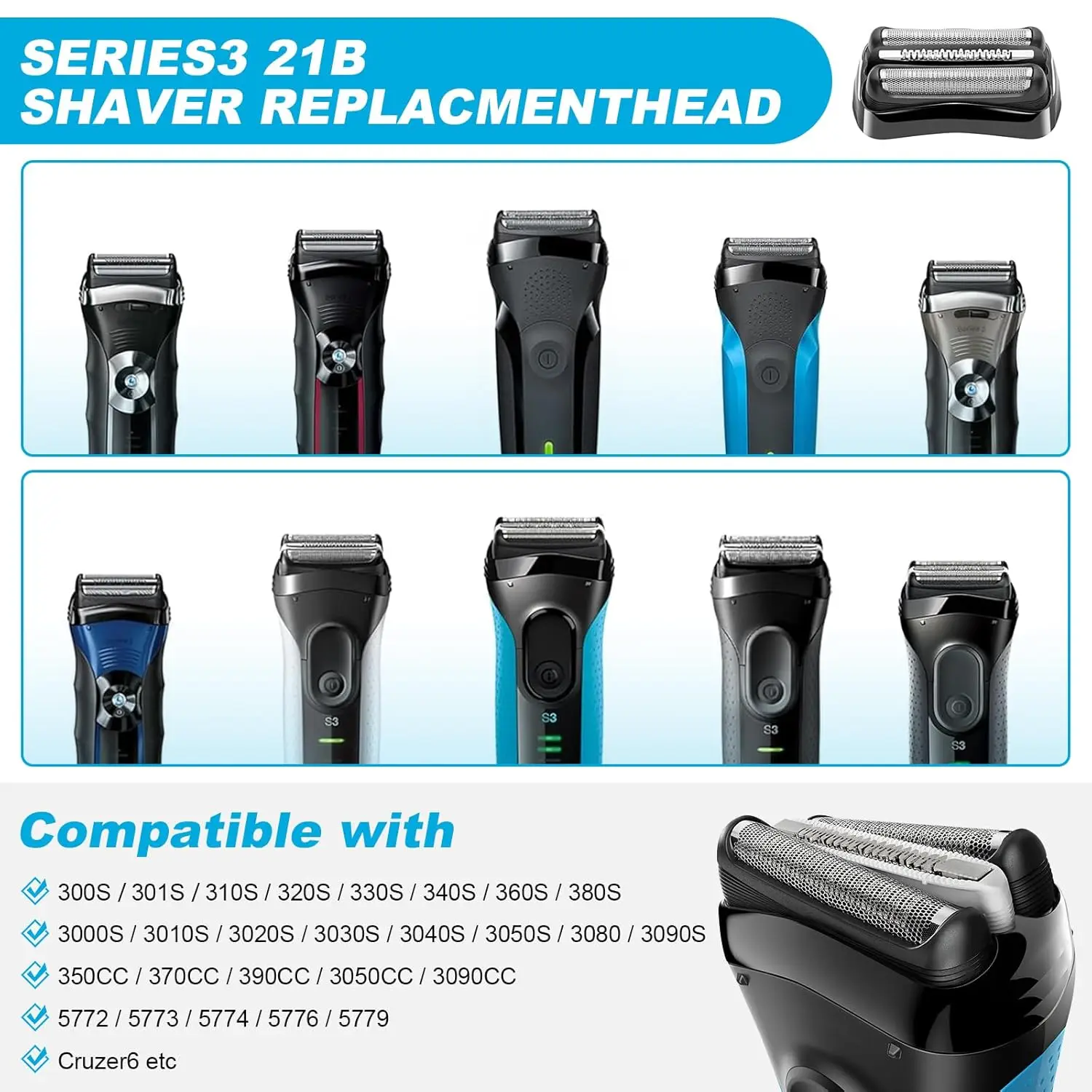 Brangdy 21B S3 Wet and Dry Replacement Heads Fit for Braun Series 3 3040s 300s 310s 320s 360s 3010s 3090cc Electric Shavers