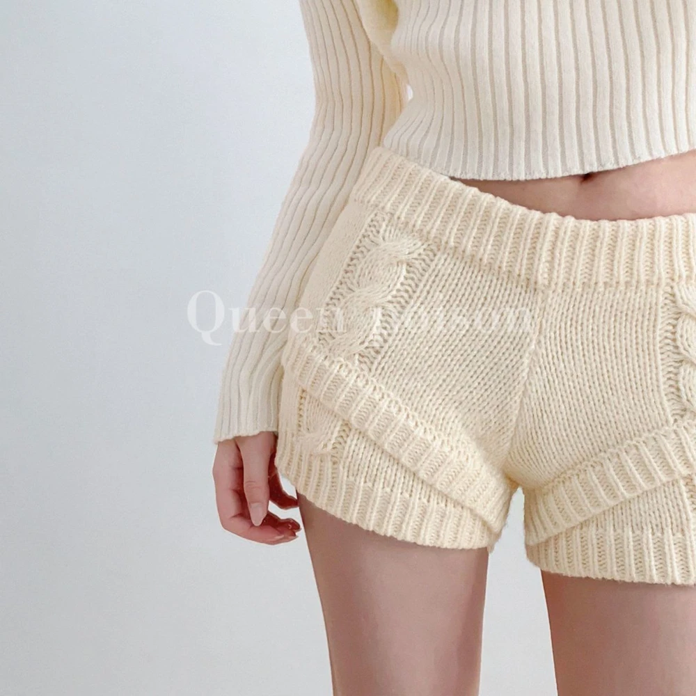 Womens Knitted Shorts Thick Drawstring Elastic Waist Soft Breathable High Waist Female Versatile Y2k Casual Knitting Mini Shorts
