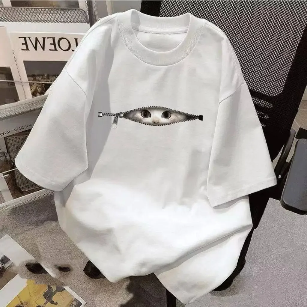 Funny Cat Zipper Graphic T Shirt for Men Women Creative Hidden Cat Print Tee Tops Loose Casual Short Sleeve Summer Streetwear
