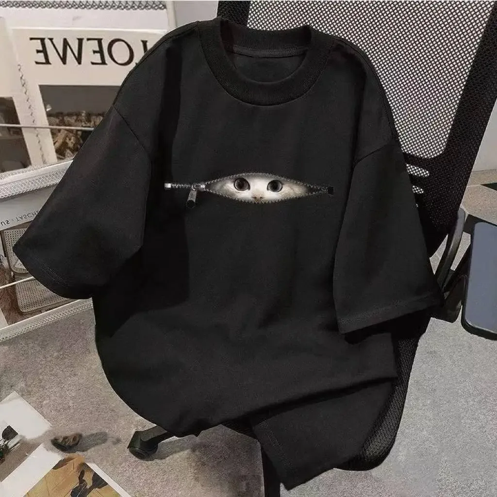Funny Cat Zipper Graphic T Shirt for Men Women Creative Hidden Cat Print Tee Tops Loose Casual Short Sleeve Summer Streetwear