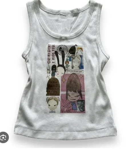Sexys Crop Tops Print Ribbed Tank Oversized Unisex High-end Luxury 2000s Y2k Short Sleeves Classic Vintage hot product Harajuku