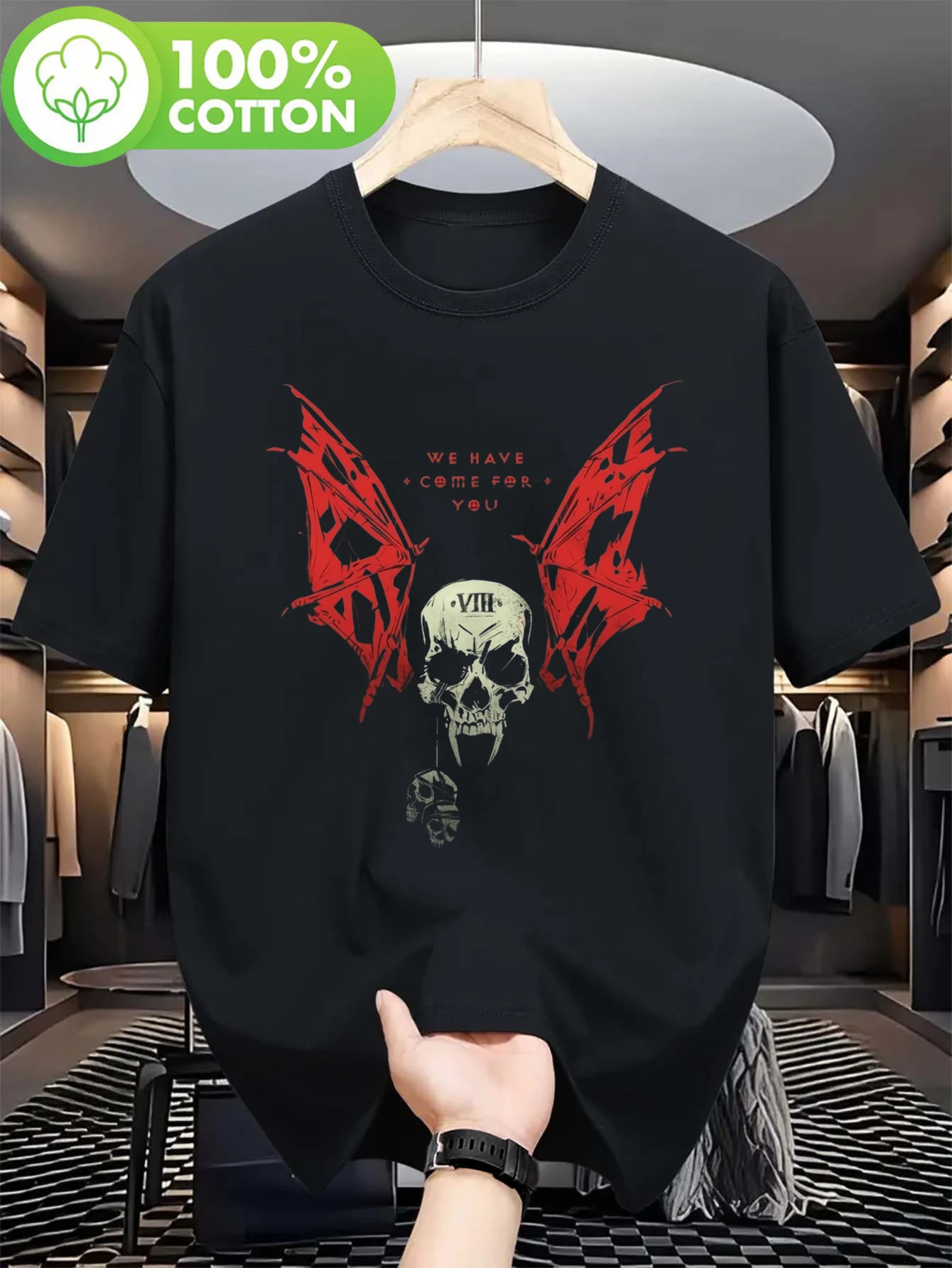 Lord of 40000 Nights, We Are with You! Gothic Style Round Neck T-shirt, Casual Short Sleeved for Board Game Players